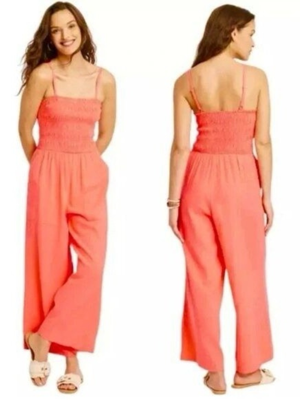 Universal Thread Coral Linen Blend Jumpsuit XXL Smocked Wide Leg Adjustable